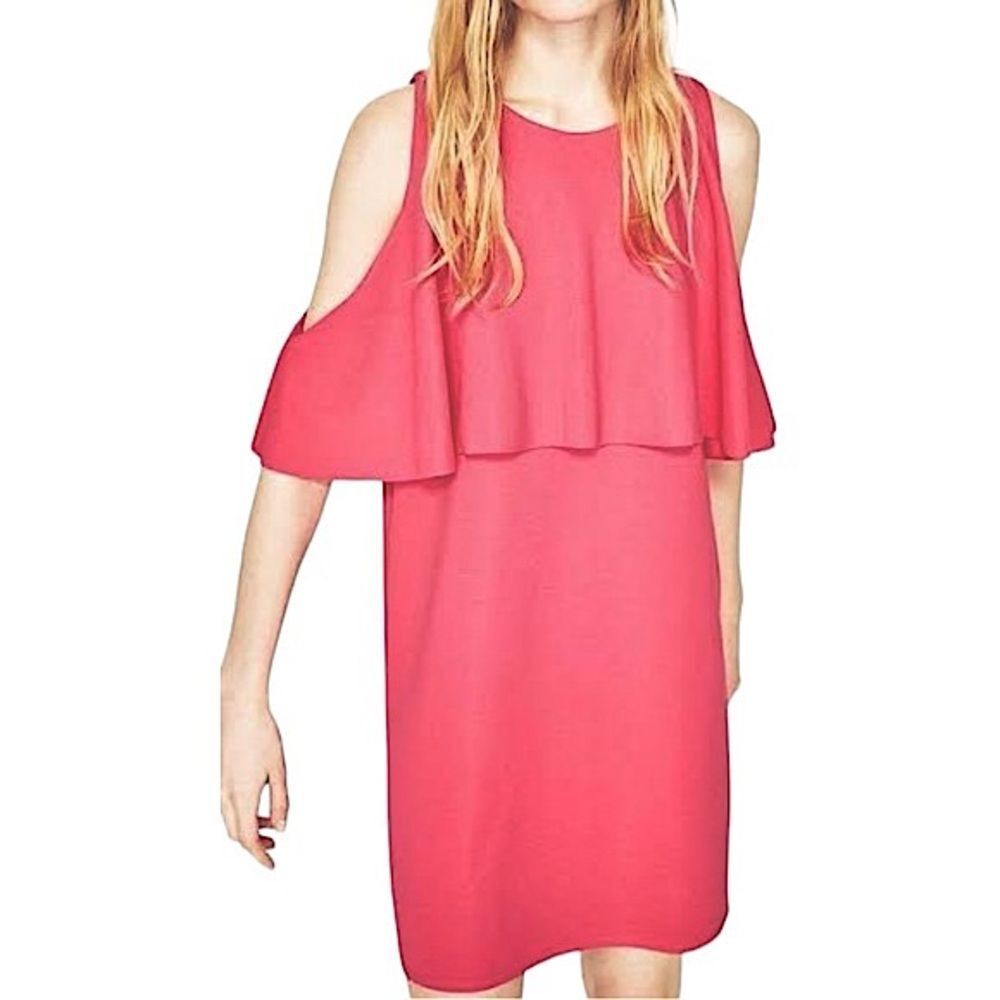 Zara Dress Pink Layered Open Shoulder Mini Shift Dress Size S